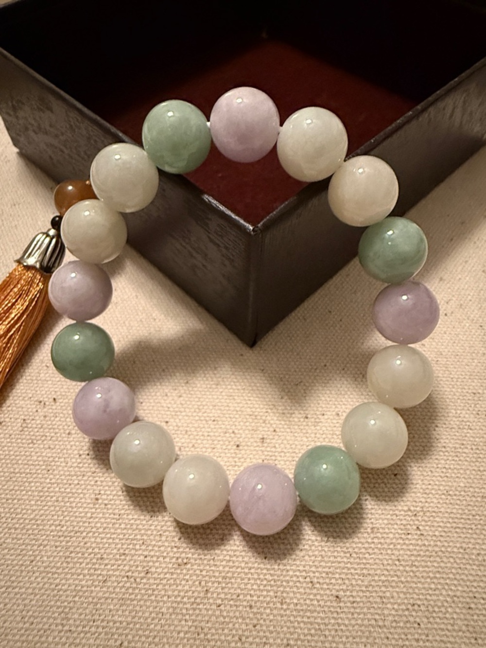Multicolor Burmese Jade Bead Stretch Bracelet - Spring Lavender, Green & White